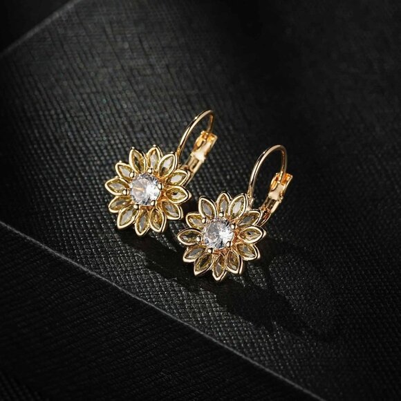 14K Gold Plated Yellow Main Crystal Flower Drop Leverback Earrings for Women - Picture 3 of 7